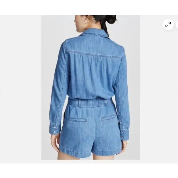 Women Veronica Beard Keenan Utility Chambray Romper in Denim Blue Size Medium - Picture 2 of 8